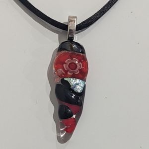 Artisan Handmade red and black glass pendant with flower & dichroic glass